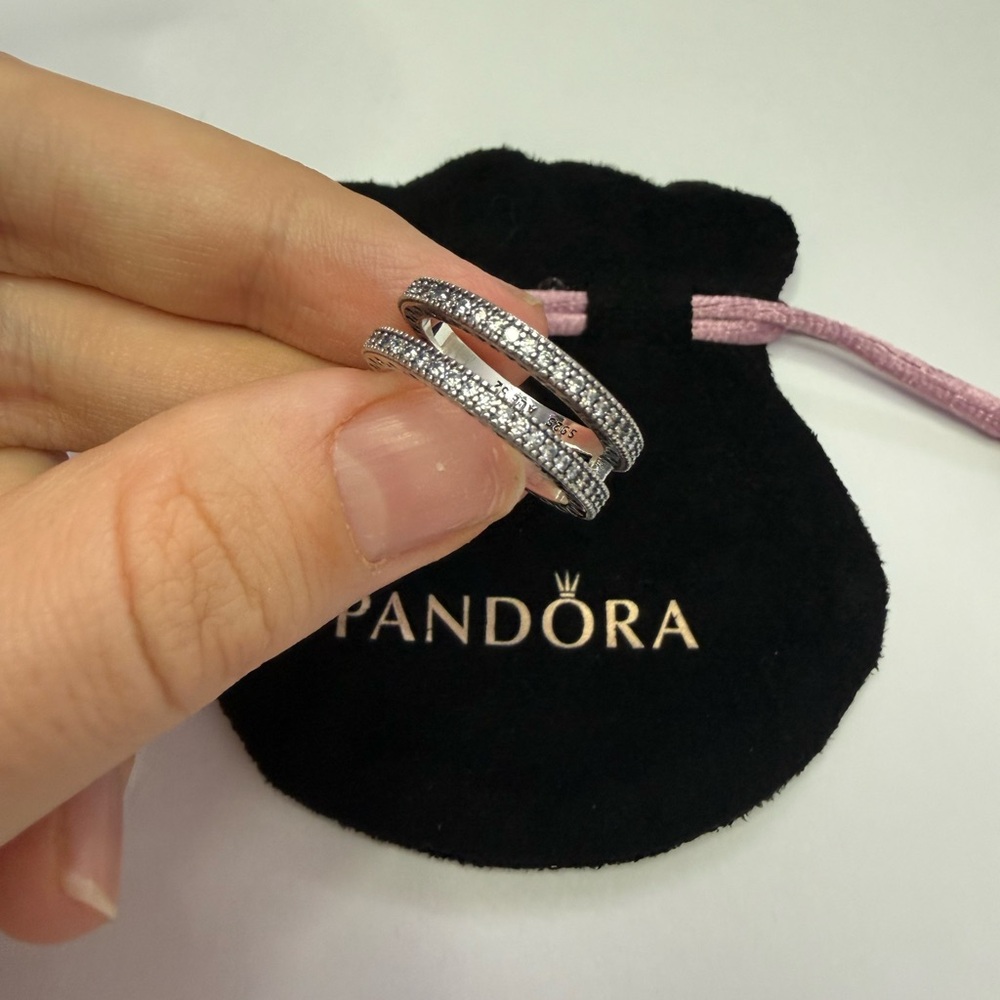 Pandora Silver Double Band Ring with Clear Cubic Stones - Picture 3 of 7
